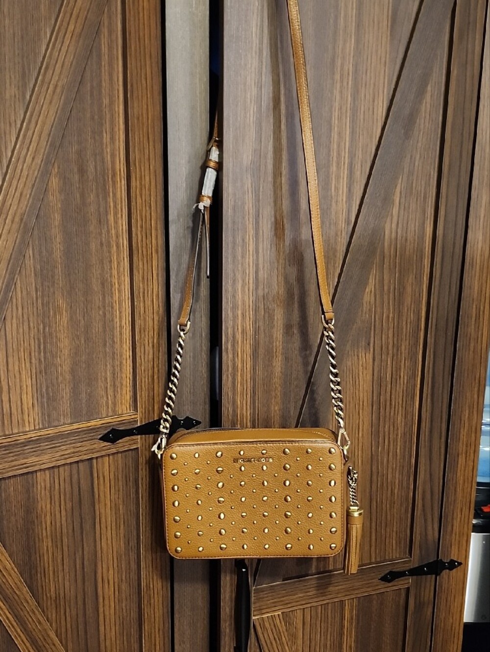 Michael Kors Tan Studded Leather Crossbody with Tassel - Picture 8 of 10